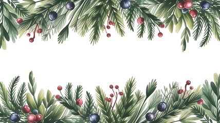 Watercolor Christmas Garland Border with Berries and Pine Needles