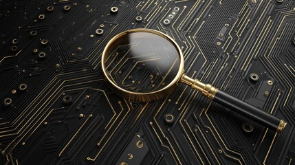 Magnifying Glass Hovering Over Black and Gold Circuit Board Revealing Intricate Details in an Elegant Display with Artificial Lighting