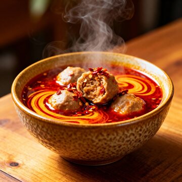 Aesthetic photo of bakso mercon with explosive spicy filling, rich red broth, steam effect.