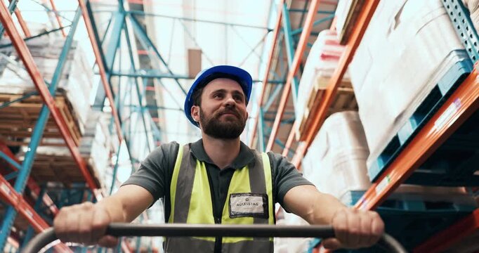 Logistics, man and walking with trolley in warehouse for transport, backlog control or delivery. Below, shipping picker and cart in factory for inventory export, storage management or supply chain