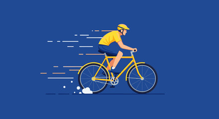 Fototapeta premium A dynamic vector illustration of a man riding a yellow bicycle, wearing a helmet, showcasing speed, fitness, and an active lifestyle.