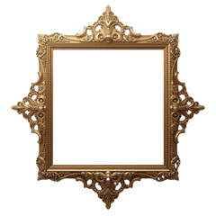 An ornate gold picture frame with intricate designs and carvings is isolated on a white background