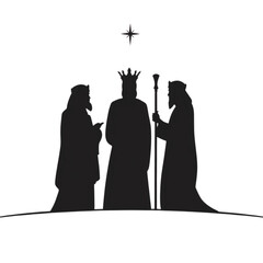 Three wise men standing together under a star in silhouette