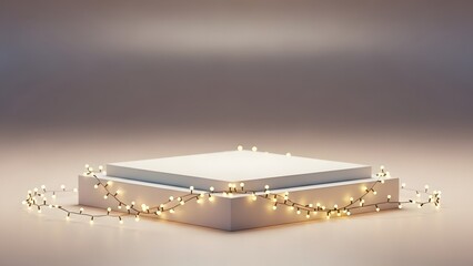Fototapeta premium A clean podium display illuminated by a warm string of fairy lights