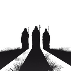 Three figures in robes standing on a path with staffs in a serene landscape