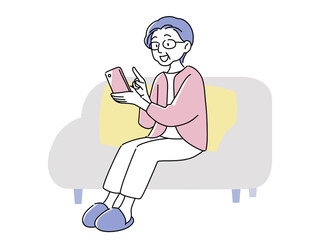 Happy Senior Woman Using Smartphone on Sofa, Digital Life Illustration