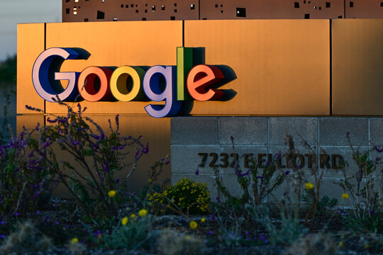 Exterior signage at a large Google data center campus, illustrating hyperscale digital infrastructure, cloud computing operations, and enterprise technology facilities