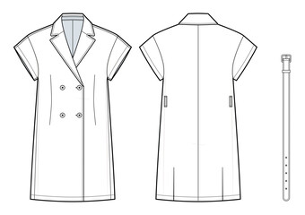 Short-Sleeve Tailored Blazer Dress Technical Fashion Illustration. Double-Breasted Jacket Dress with Notched Lapel Collar and Waist Belt. Structured Fit. Women&rsquo;s Wear. CAD Mockup.
