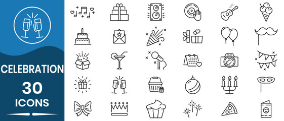 Celebration and event icon vector set. Events, party, for cake, balloons, gifts, music, fireworks, party hat,  and festive decorations. Night celebration symbol. Vector illustration.