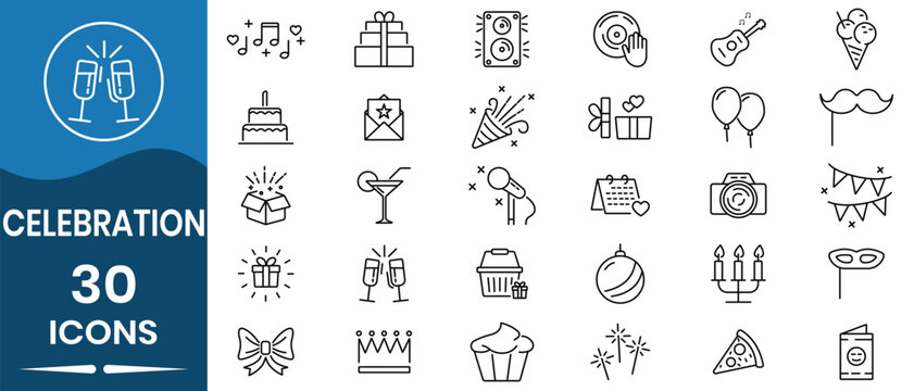 Celebration and event icon vector set. Events, party, for cake, balloons, gifts, music, fireworks, party hat,  and festive decorations. Night celebration symbol. Vector illustration.