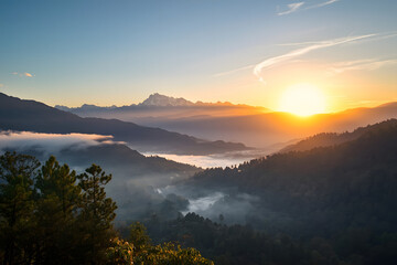 Dramatic Sunrise or Sunset over Misty Himalayan Mountains and Forest