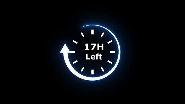 Countdown timer with 17 hours left neon clock on black background glowing