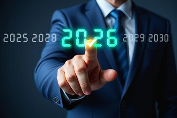 A professional businessman uses his finger to touch a virtual button on a white background, symbolizing a successful technology strategy for business management and internet communication solutions