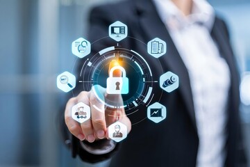 A businessman's hand uses a finger to touch a virtual social network icon on a digital interface screen, symbolizing future global connection and internet communication technology