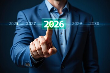 Businessman hand pressing virtual screen button for success in marketing strategy and business management innovation solution