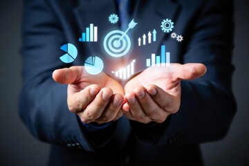 A businessman hand pushes a button on a virtual touchscreen interface to access global network communication and internet technology for future business success