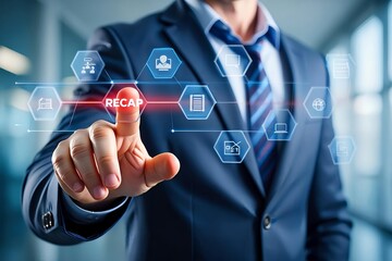 A businessman's hand uses a finger to touch a virtual social network icon on a digital screen, representing a global communication technology solution for success in the future of online business