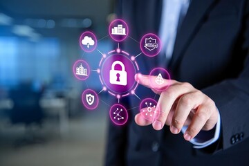 A businessman's hand uses digital touch technology to press a social network icon on a virtual screen, symbolizing global business communication and future internet connection concepts