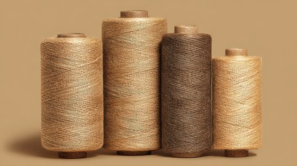 Four Cylindrical Batteries with Abstract Textured Copper Surface Against a Solid Beige Background in Studio Lighting Highlighting Metallic Sheen