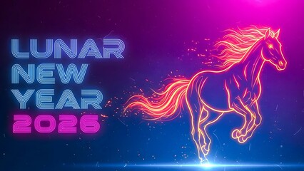 Lunar New Year 2026 Neon Horse Outline with Blue Pink Text on Deep Blue Particle Background