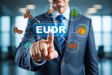 A professional businesswoman uses her finger to touch a virtual button on a digital screen interface, symbolizing global communication and innovative technology solutions for the future of business