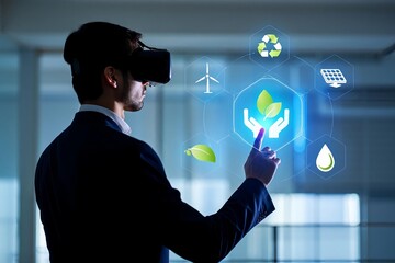 A successful business woman uses her finger to press a digital button on a futuristic tablet touchscreen interface featuring social network icons and global communication technology concepts