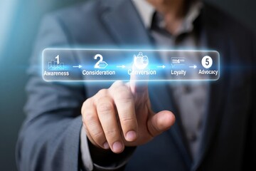 Businessman hand pressing a virtual button on a digital touchscreen to touch success and technology concept through a web communication strategy