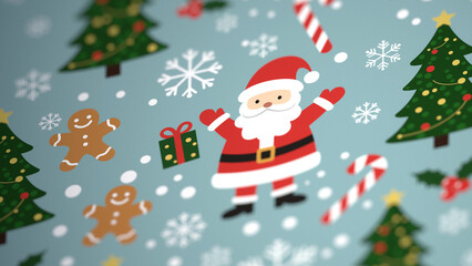 Cute Christmas pattern featuring cartoon Santa Claus gingerbread men trees and candy canes on blue background shallow depth of filed holiday decoration