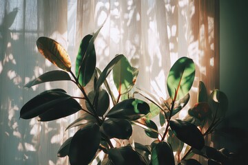 Houseplant with Green Leaves Near Window with White Curtains and Sunlight Casting Shadows Creating a Soft Light and Airy Indoor Environment