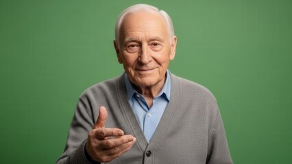 Portrait of an elderly man with a confident smile and welcoming gesture against a green backdrop