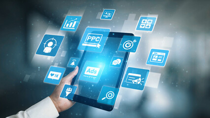 Concept of marketing online strategy using digital marketing, PPC campaigns, social media ads, and SEO analytics. Marketing online improves visibility, digital marketing drives engagement. Gist