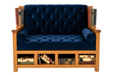 Blue velvet tufted armchair with built-in wooden bookshelves isolated on transparent background