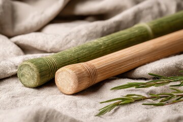 Macro Shot of Two Textured Cylinders in Green and Beige with Rosemary Sprigs on a Textured Linen Surface