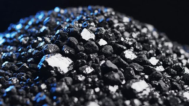 Cinematic Macro Texture of Black Activated Carbon Granules with Blue Rim Light