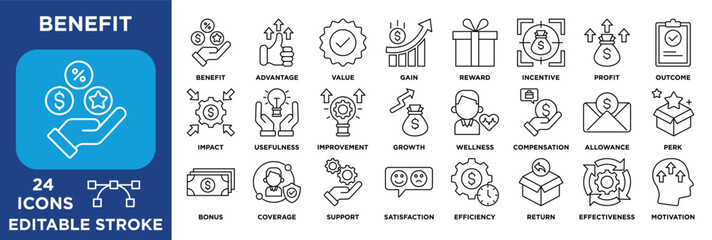 Benefit icon collection set. containing value, reward, incentive, profit, compensation, growth, efficiency, satisfaction, and motivation. outline vector illustration
