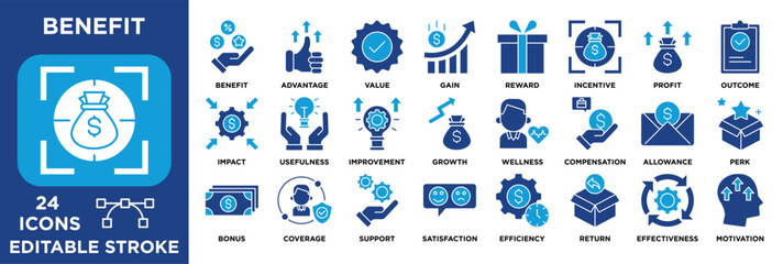 Benefit icon collection set. containing value, reward, incentive, profit, compensation, growth, efficiency, satisfaction, and motivation concepts. editable stroke vector