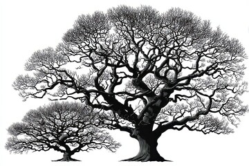 Monochrome Tree Silhouette with Intricate Branches and Textured Trunk against White Backdrop in Graphic Style