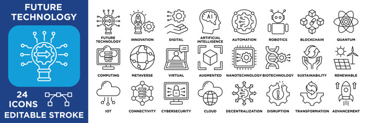 Future technology icon collection set. containing  AI, automation, robotics, blockchain, quantum computing, IoT, cybersecurity, innovation, and digital transformation. vector line  icons