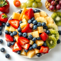 Obraz premium Fresh fruit salad with strawberries blueberries pineapple kiwi on white plate