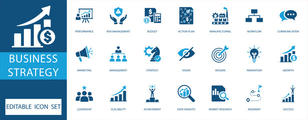 business strategy and management icon set featuring growth, marketing, innovation, and leadership symbols. Perfect for corporate presentations and web design.