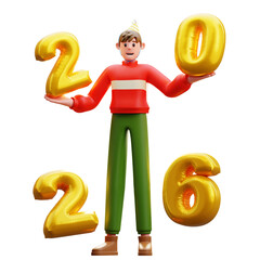 3d Illustration of Male Character Holding Gold 2026 Balloons New Year