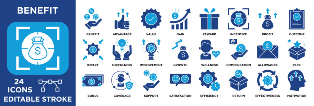 Benefit icon collection set. containing value, reward, incentive, profit, compensation, growth, efficiency, satisfaction, and motivation concepts. editable stroke vector