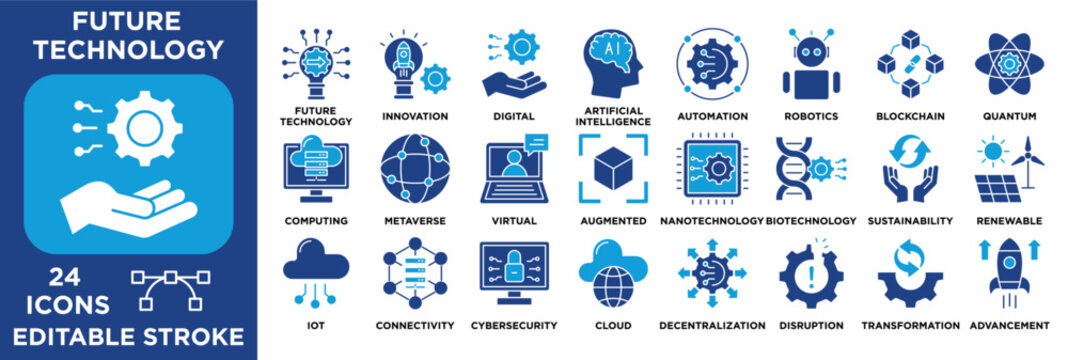 Future technology icon collection set. containing  featuring AI, automation, robotics, blockchain, quantum computing, IoT, cybersecurity, innovation, and digital transformation. vector blue