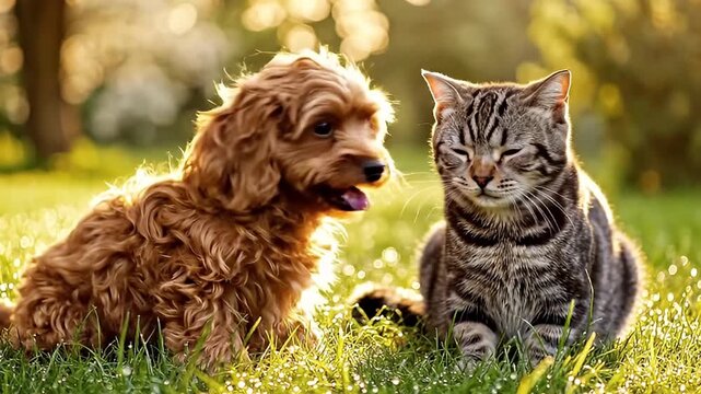 A heartwarming outdoor scene captures a delightful interaction between a small, fluffy brown canine and a sleek, striped domestic feline. Bathed in soft, golden hour backlighting, the animals are posi