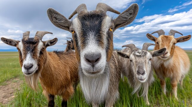 Close up of a herd of goats in a grassy field under a blue sky