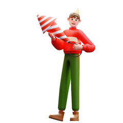 3d Illustration of Male Character Holding Party Popper New Year Celebration