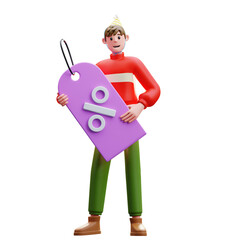 3d Illustration of Male Character Holding Percentage Discount Tag Promotion
