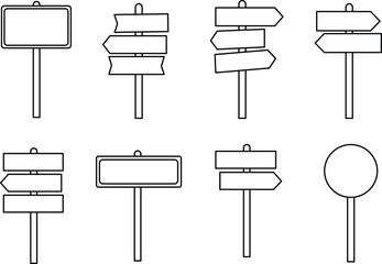 Collection of eight different blank signpost with black outlines on white direction arrow © Rehana