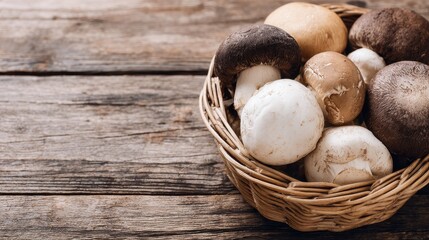 Pile of Fresh Brown and White Mushrooms in Wicker Basket on Weathered Wood Surface in Warm Natural Light