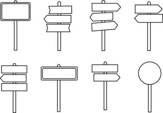 Collection of eight different blank signpost with black outlines on white direction arrow